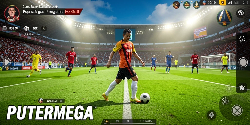 Gameplay PUTERMEGA menunjukkan aksi pertandingan sepak bola yang menegangkan.